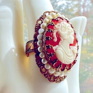 Vintage W Germany hand carved shell cameo filigree pearl brass ring adjustable